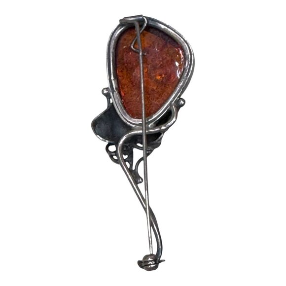 Vintage Baltic Amber Stone Brooch Sterling Silver Art Nouveau Design Pin Leaves - Picture 2 of 7